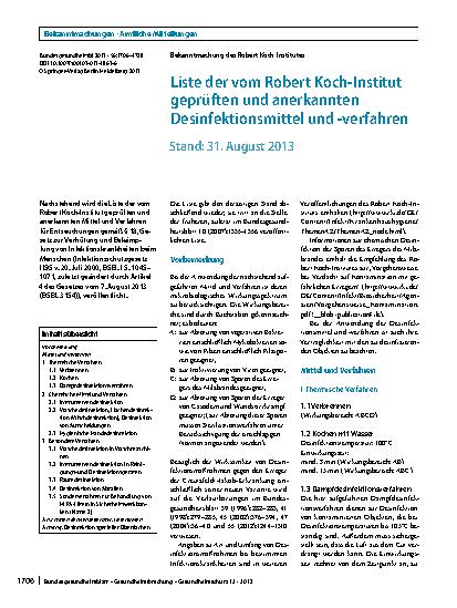 Vorschauseite 1: Liste der vom Robert Koch-Institut geprüften und anerkannten Desinfektionsmittel und -verfahren