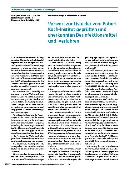 Vorschauseite 1: Vorwort zur Liste der vom Robert Koch-Institut geprüften und anerkannten Desinfektionsmittel und -verfahren