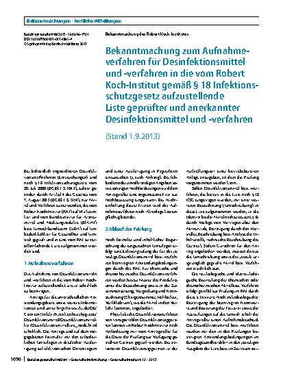 Vorschauseite 1: Bekanntmachung zum Aufnahmeverfahren für Desinfektionsmittel und -verfahren in die vom Robert Koch-Institut gemäß §18 Infektionsschutzgesetz aufzustellende Liste geprüfter und ane…