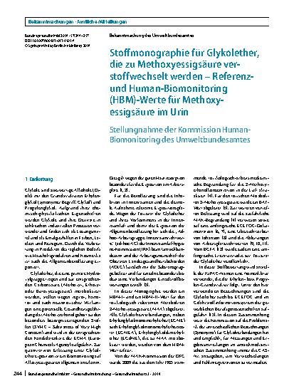 Vorschauseite 1: Bekanntmachung des Umweltbundesamtes: Stoffmonographie für Glykolether, die zu Methoxyessigsäure verstoffwechselt werden – Referenzund Human-Biomonitoring (HBM)-Werte für Methoxye…