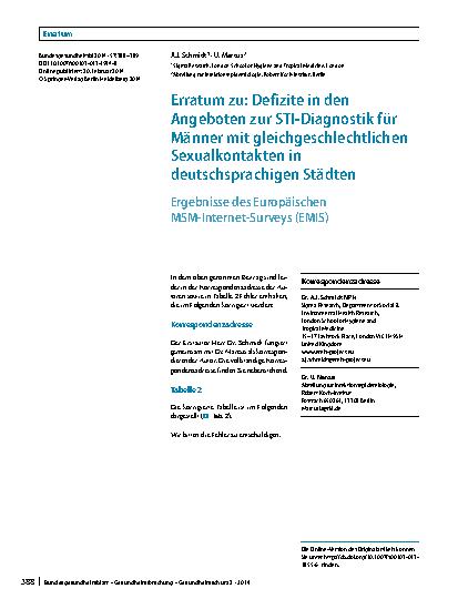 Vorschauseite 1: Erratum zu: Defizite in den Angeboten zur STI-Diagnostik für Männer mit gleichgeschlechtlichen Sexualkontakten in deutschsprachigen Städten
