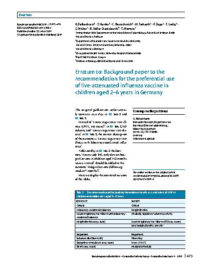 Vorschauseite 1: Erratum to: Background paper to the recommendation for the preferential use of live-attenuated influenza vaccine in children aged 2–6 years in Germany