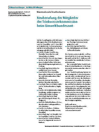 Vorschauseite 1: Neuberufung der Mitglieder der Trinkwasserkommission beim Umweltbundesamt