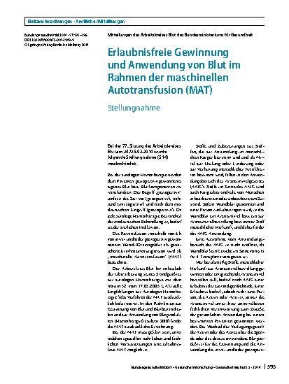 Vorschauseite 1: Erlaubnisfreie Gewinnung und Anwendung von Blut im Rahmen der maschinellen Autotransfusion (MAT)