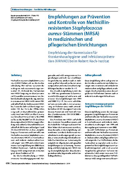 Vorschauseite 2: Empfehlungen zur Prävention und Kontrolle von Methicillin-resistenten Staphylococcus aureus-Stämmen (MRSA) in medizinischen und pflegerischen Einrichtungen