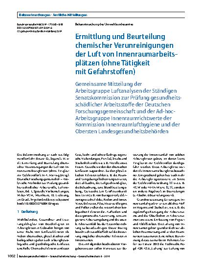 Vorschauseite 1: Ermittlung und Beurteilung chemischer Verunreinigungen der Luft von Innenraumarbeitsplätzen (ohne Tätigkeit mit Gefahrstoffen)