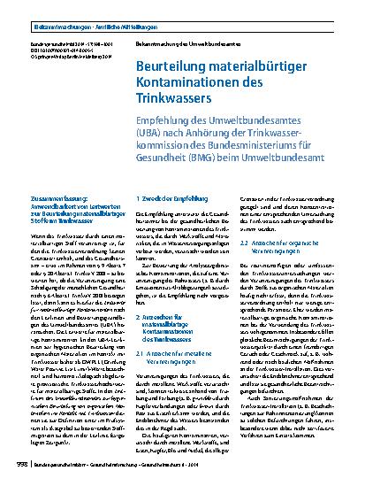 Vorschauseite 1: Beurteilung materialbürtiger Kontaminationen des Trinkwassers