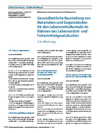 Vorschauseite 1: Gesundheitliche Beurteilung von Materialien und Gegenständen für den Lebensmittelkontakt im Rahmen des Lebensmittelund Futtermittelgesetzbuches