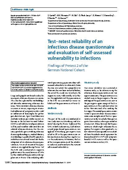 Vorschauseite 1: Test–retest reliability of an infectious disease questionnaire and evaluation of self-assessed vulnerability to infections