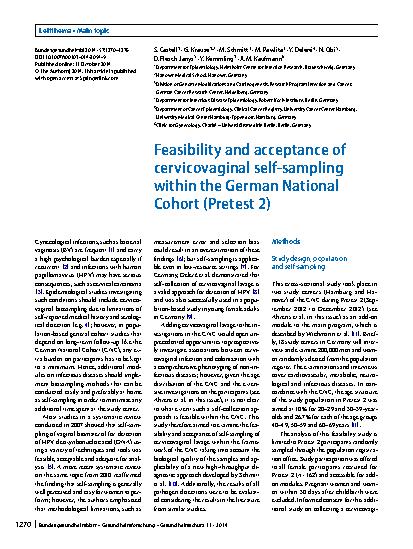 Vorschauseite 1: Feasibility and acceptance of cervicovaginal self-sampling within the German National Cohort (Pretest 2)