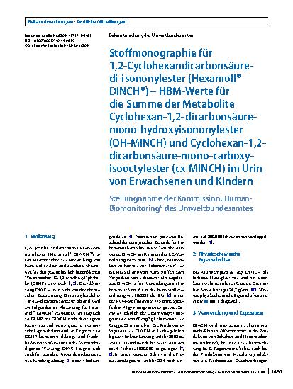Vorschauseite 1: Stoffmonographie für 1, 2-Cyclohexandicarbonsäure-di-isononylester (Hexamoll® DINCH®) – HBM-Werte für die Summe der Metabolite Cyclohexan-1, 2-dicarbonsäure-mono-hydroxyisononyles…