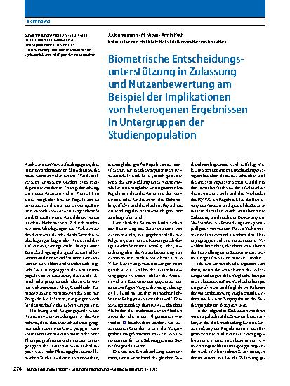 Vorschauseite 1: Biometrische Entscheidungsunterstützung in Zulassung und Nutzenbewertung am Beispiel der Implikationen von heterogenen Ergebnissen in Untergruppen der Studienpopulation