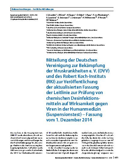 Vorschauseite 1: Mitteilung der Deutschen Vereinigung zur Bekämpfung der Viruskrankheiten e. V. (DVV) und des Robert Koch-Instituts (RKI) zur Veröffentlichung der aktualisierten Fassung der Leitli…