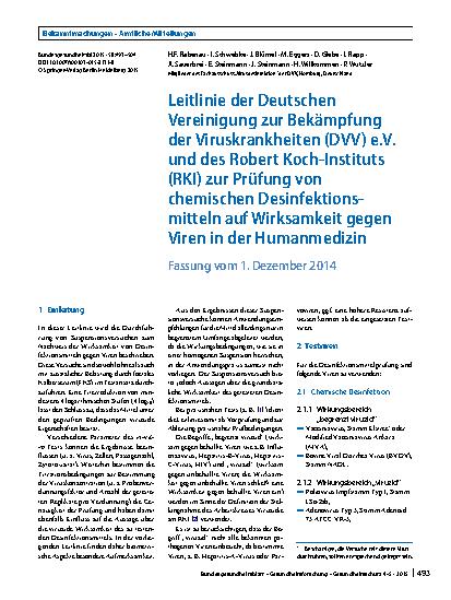 Vorschauseite 1: Leitlinie der Deutschen Vereinigung zur Bekämpfung der Viruskrankheiten (DVV) e. V. und des Robert Koch-Instituts (RKI) zur Prüfung von chemischen Desinfektionsmitteln auf Wirksam…