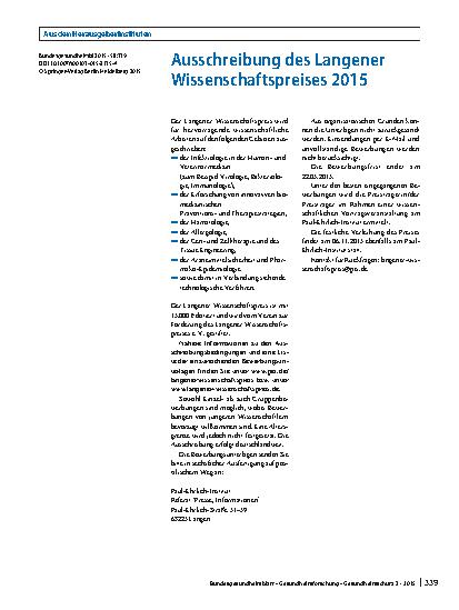Vorschauseite 1: Ausschreibung des Langener Wissenschaftspreises 2015