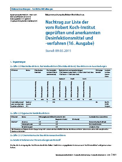 Vorschauseite 1: Nachtrag zur Liste der vom Robert Koch-Institut geprüften und anerkannten Desinfektionsmittel und -verfahren (16. Ausgabe)