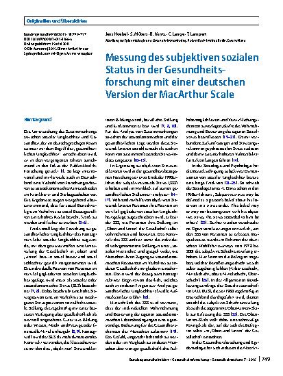 Vorschauseite 1: Messung des subjektiven sozialen Status in der Gesundheitsforschung mit einer deutschen Version der MacArthur Scale