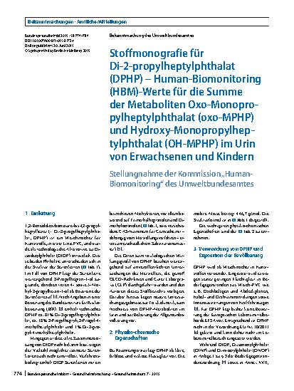 Vorschauseite 1: Stoffmonografie für Di-2-propylheptylphthalat (DPHP) – Human-Biomonitoring (HBM)-Werte für die Summe der Metaboliten Oxo-Monopropylheptylphthalat (oxo-MPHP) und Hydroxy-Monopropyl…
