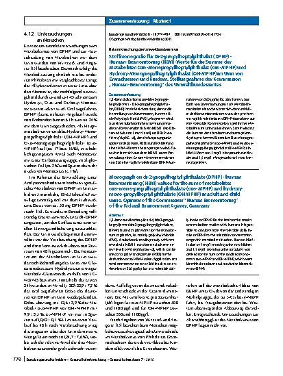 Vorschauseite 3: Stoffmonografie für Di-2-propylheptylphthalat (DPHP) – Human-Biomonitoring (HBM)-Werte für die Summe der Metaboliten Oxo-Monopropylheptylphthalat (oxo-MPHP) und Hydroxy-Monopropyl…
