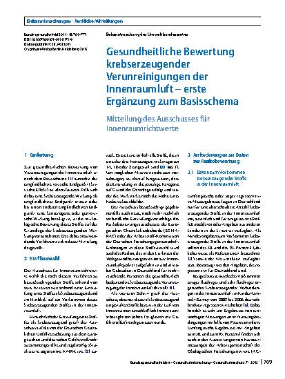 Vorschauseite 1: Gesundheitliche Bewertung krebserzeugender Verunreinigungen der Innenraumluft – erste Ergänzung zum Basisschema