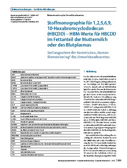 Vorschauseite 1: Stoffmonographie für 1,2,5,6,9,10-Hexabromcyclododecan (HBCDD) - HBM-Werte für HBCDD im Fettanteil der Muttermilch oder des Blutplasmas
