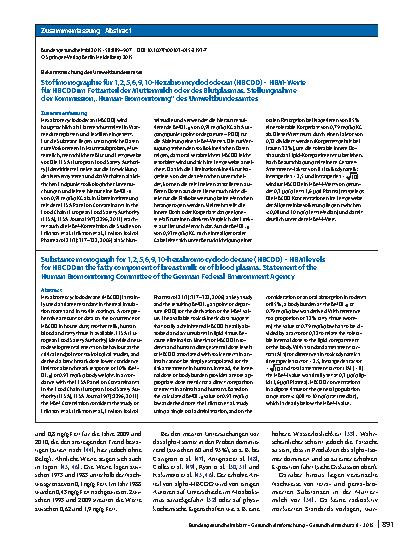 Vorschauseite 3: Stoffmonographie für 1,2,5,6,9,10-Hexabromcyclododecan (HBCDD) - HBM-Werte für HBCDD im Fettanteil der Muttermilch oder des Blutplasmas