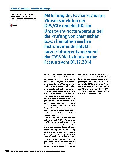 Vorschauseite 1: Mitteilung des Fachausschusses Virusdesinfektion der DVV/GfV und des RKI zur Untersuchungstemperatur bei der Prüfung von chemischen bzw. chemothermischen Instrumentendesinfektions…