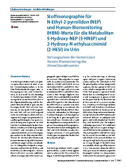 Vorschauseite 1: Stoffmonographie für N-Ethyl-2-pyrrolidon (NEP) und Human-Biomonitoring (HBM)-Werte für die Metaboliten 5-Hydroxy-NEP (5-HNEP) und 2-Hydroxy-N-ethylsuccinimid (2-HESI) im Urin