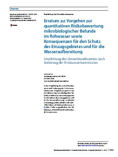 Vorschauseite 1: Erratum zu: Vorgehen zur quantitativen Risikobewertung mikrobiologischer Befunde im Rohwasser sowie Konsequenzen für den Schutz des Einzugsgebietes und für die Wasseraufbereitung
