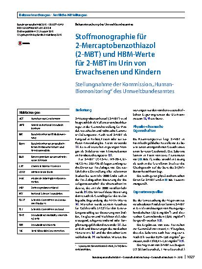 Vorschauseite 1: Stoffmonographie für 2-Mercaptobenzothiazol (2-MBT) und HBM-Werte für 2-MBT im Urin von Erwachsenen und Kindern