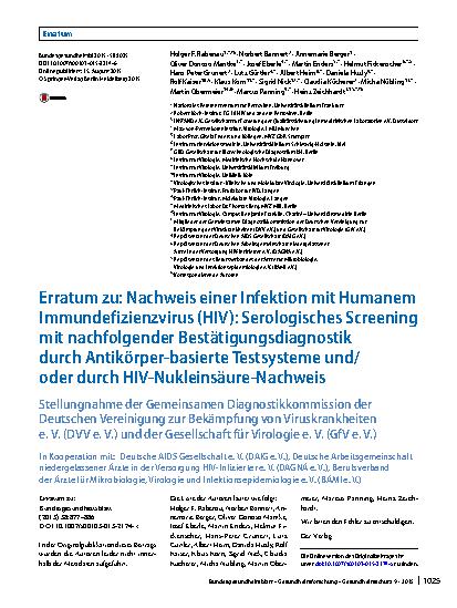 Vorschauseite 1: Erratum zu: Nachweis einer Infektion mit Humanem Immundefizienzvirus (HIV): Serologisches Screening mit nachfolgender Bestätigungsdiagnostik durch Antikörper-basierte Testsysteme…