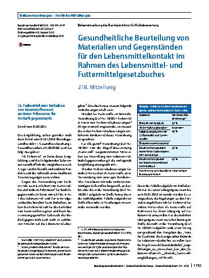 Vorschauseite 1: Gesundheitliche Beurteilung von Materialien und Gegenständen für den Lebensmittelkontakt im Rahmen des Lebensmittelund Futtermittelgesetzbuches