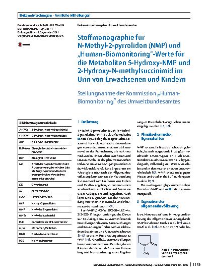 Vorschauseite 1: Stoffmonographie für N-Methyl-2-pyrrolidon (NMP) und „Human-Biomonitoring“-Werte für die Metaboliten 5-Hydroxy-NMP und 2-Hydroxy-N-methylsuccinimid im Urin von Erwachsenen und Kin…