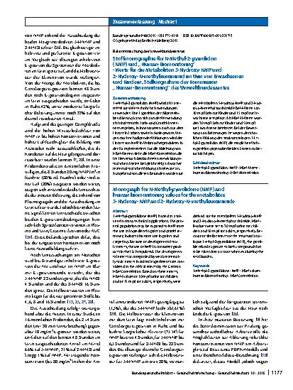 Vorschauseite 3: Stoffmonographie für N-Methyl-2-pyrrolidon (NMP) und „Human-Biomonitoring“-Werte für die Metaboliten 5-Hydroxy-NMP und 2-Hydroxy-N-methylsuccinimid im Urin von Erwachsenen und Kin…