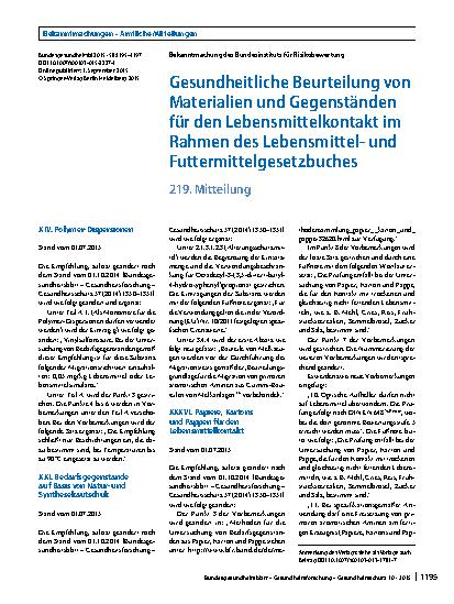 Vorschauseite 1: Gesundheitliche Beurteilung von Materialien und Gegenständen für den Lebensmittelkontakt im Rahmen des Lebensmittelund Futtermittelgesetzbuches