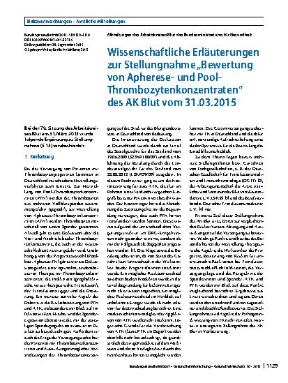 Vorschauseite 1: Wissenschaftliche Erläuterungen zur Stellungnahme „Bewertung von Aphereseund Pool-Thrombozytenkonzentraten“ des AK Blut vom 31. 03. 2015