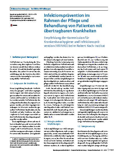 Vorschauseite 1: Infektionsprävention im Rahmen der Pflege und Behandlung von Patienten mit übertragbaren Krankheiten
