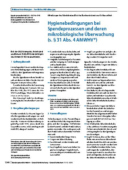 Vorschauseite 1: Hygienebedingungen bei Spendeprozessen und deren mikrobiologische Überwachung (s. § 31 Abs. 4 AMWHV*)