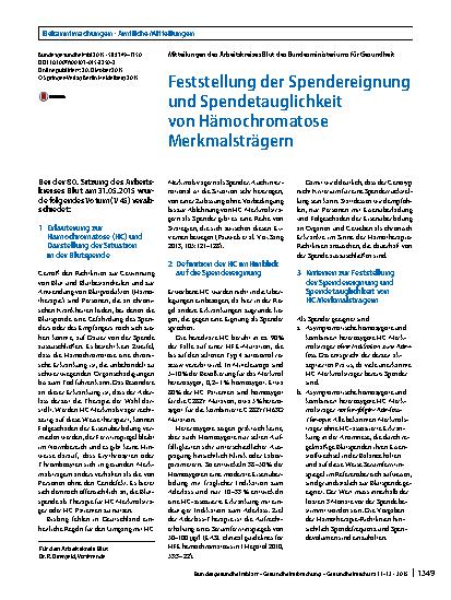 Vorschauseite 1: Feststellung der Spendereignung und Spendetauglichkeit von Hämochromatose Merkmalsträgern