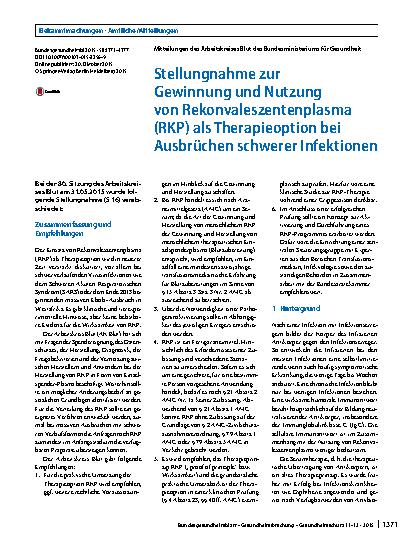 Vorschauseite 1: Stellungnahme zur Gewinnung und Nutzung von Rekonvaleszentenplasma (RKP) als Therapieoption bei Ausbrüchen schwerer Infektionen