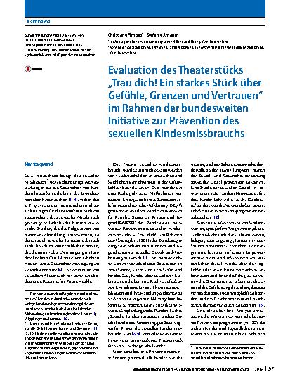 Vorschauseite 1: Evaluation des Theaterstücks „Trau dich! Ein starkes Stück über Gefühle, Grenzen und Vertrauen“ im Rahmen der bundesweiten Initiative zur Prävention des sexuellen Kindesmissbrauchs