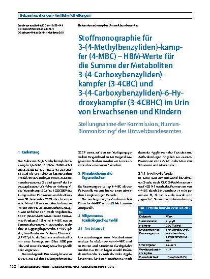 Vorschauseite 1: Stoffmonographie für 3-(4-Methylbenzyliden)-kampfer (4-MBC) – HBM-Werte für die Summe der Metaboliten 3-(4-Carboxybenzyliden)-kampfer (3-4CBC) und 3-(4-Carboxybenzyliden)-6-Hydrox…