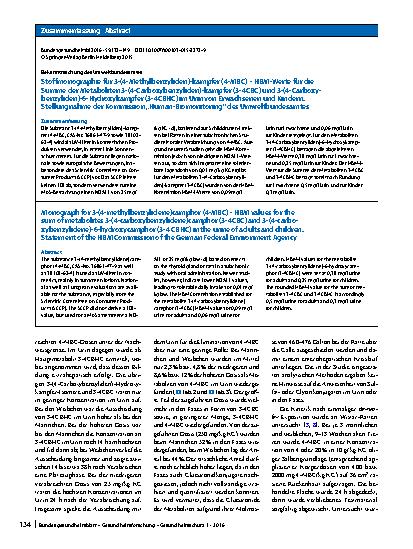 Vorschauseite 3: Stoffmonographie für 3-(4-Methylbenzyliden)-kampfer (4-MBC) – HBM-Werte für die Summe der Metaboliten 3-(4-Carboxybenzyliden)-kampfer (3-4CBC) und 3-(4-Carboxybenzyliden)-6-Hydrox…
