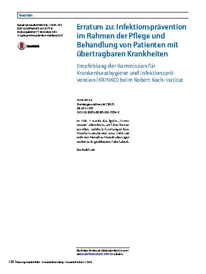 Vorschauseite 1: Erratum zu: Infektionsprävention im Rahmen der Pflege und Behandlung von Patienten mit übertragbaren Krankheiten