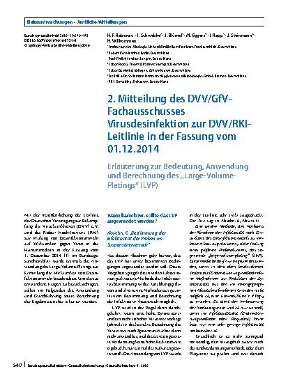 Vorschauseite 1: 2. Mitteilung des DVV/GfV-Fachausschusses Virusdesinfektion zur DVV/RKI-Leitlinie in der Fassung vom 01.12.2014