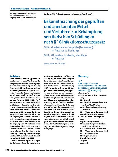 Vorschauseite 1: Bekanntmachung der geprüften und anerkannten Mittel und Verfahren zur Bekämpfung von tieri-schen Schädlingen nach §18 Infektionsschutzge-setz