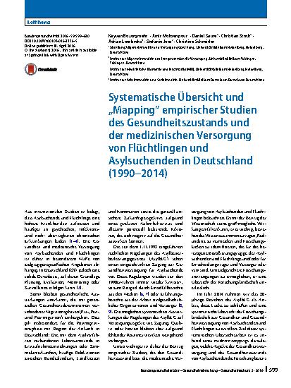 Vorschauseite 1: Systematische Übersicht und „Mapping“ empirischer Studien des Gesundheitszustands und der medizinischen Versorgung von Flüchtlingen und Asylsuchenden in Deutschland (1990 – 2014)