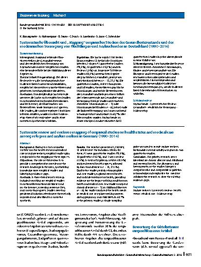Vorschauseite 3: Systematische Übersicht und „Mapping“ empirischer Studien des Gesundheitszustands und der medizinischen Versorgung von Flüchtlingen und Asylsuchenden in Deutschland (1990 – 2014)