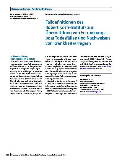 Vorschauseite 1: Falldefinitionen des Robert Koch-Instituts zur Übermittlung von Erkrankungsoder Todesfällen und Nachweisen von Krankheitserregern