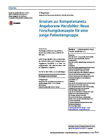 Vorschauseite 1: Erratum zu: Kompetenznetz Angeborene Herzfehler: Neue Forschungskonzepte für eine junge Patientengruppe